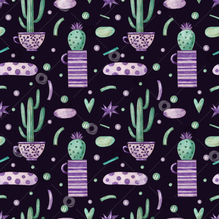 Скачать Бесшовный узор с кактусами в чашечках и различными элементами на темно-фиолетовом фоне. фотосток Ozero