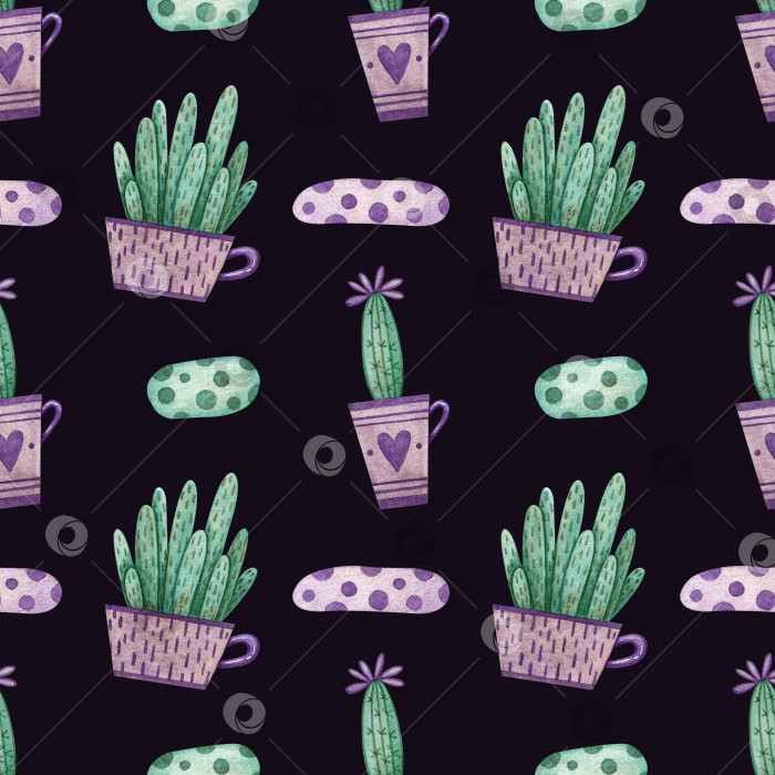 Скачать Бесшовный узор с растениями и кактусами в чашке на темно-фиолетовом фоне. фотосток Ozero