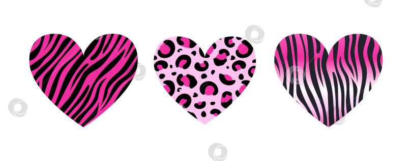 Скачать Набор сердечек на День Святого Валентина. модный розовый цвет. Стиль Y2k. С анималистичным рисунком. Зебра, леопард, тигр. Сафари. Для наклеек, плакатов, открыток, элементов дизайна фотосток Ozero