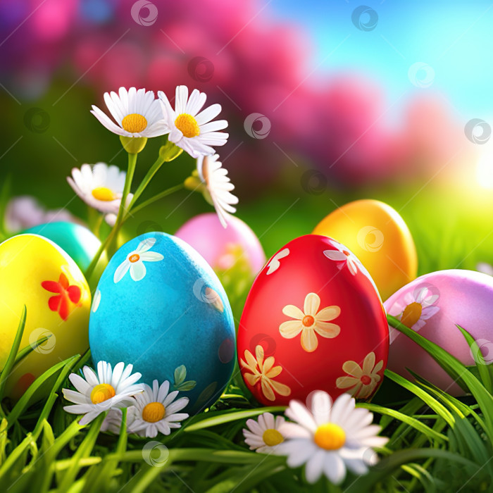 Скачать Корзина с пасхальными яйцами в траве в солнечный весенний день Пасхальное украшение фотосток Ozero