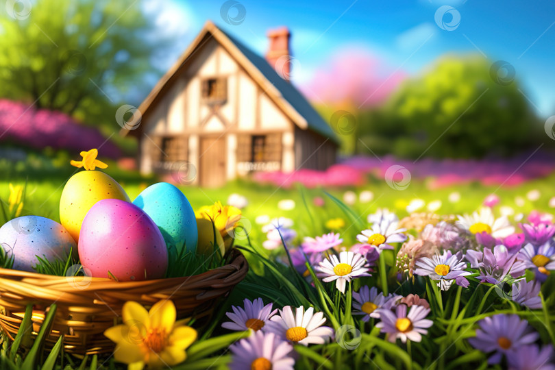 Скачать Пасха, Крашеные Яйца в Корзине на Траве в Солнечном саду с цветущими цветами. фотосток Ozero