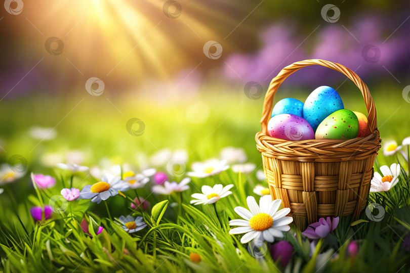 Скачать Пасха, Крашеные Яйца в Корзине на траве в Солнечном саду с цветущими цветами. фотосток Ozero