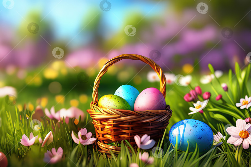 Скачать Пасхальная корзина с яйцами и цветами, фон солнечного луга, зеленая трава фотосток Ozero