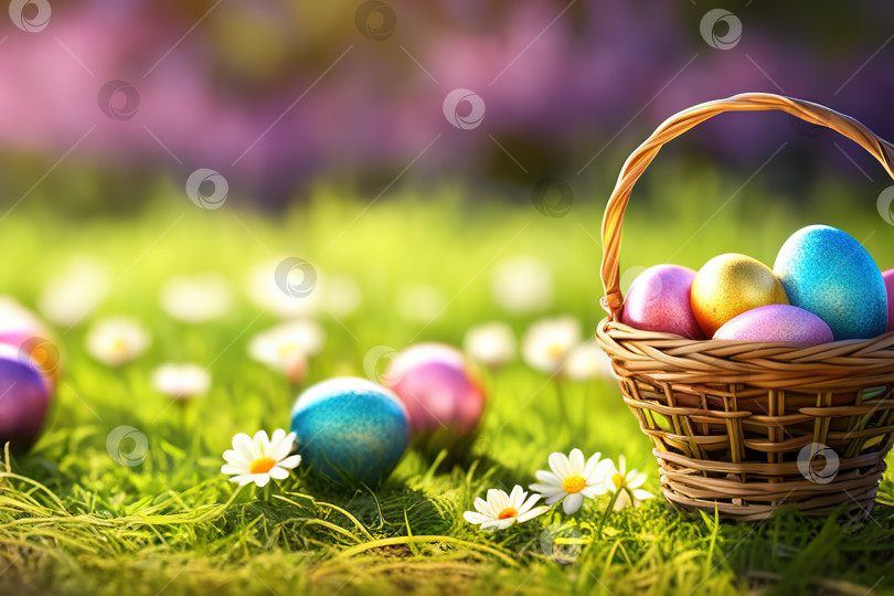 Скачать Пасхальная корзина с яйцами и цветами, фон солнечного луга, зеленая трава фотосток Ozero