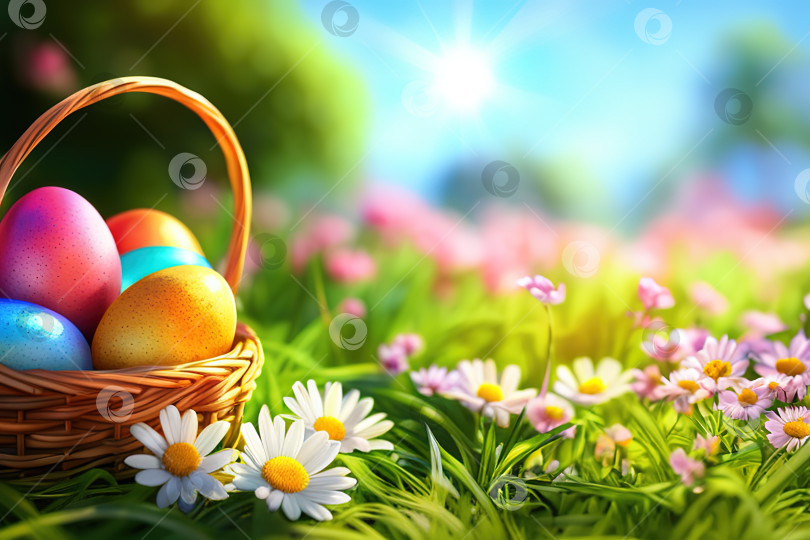Скачать Крупный план пасхальных яиц на травянистом поле с цветами в солнечном саду. фотосток Ozero