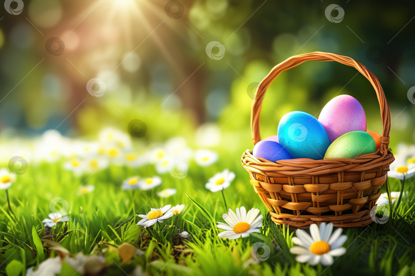 Скачать Корзина, полная разноцветных пасхальных яиц, на зеленой траве в саду в солнечный день фотосток Ozero