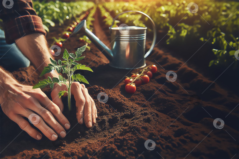 Скачать Фермер сажает помидоры на огороде, свежие овощи и занимается садоводством фотосток Ozero