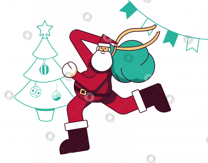 Скачать Новогодняя векторная иллюстрация гиперболических пропорций бегущего Санта-Клауса с подарками. На белом фоне рождественская елка с рождественскими украшениями и гирляндой. фотосток Ozero