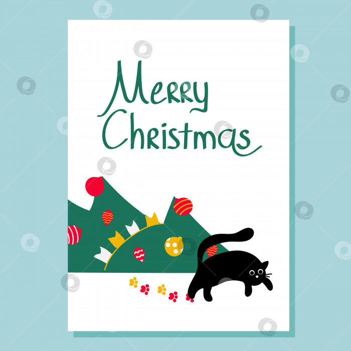 Скачать Иллюстрация черного кота, который опрокинул украшенную рождественскую елку. Рождественская белая открытка с надписью "Счастливого Рождества" на синем фоне. фотосток Ozero