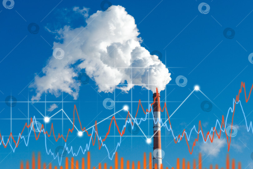 Скачать Тепловая электростанция, дым, выделяемый тепловой электростанцией из дымохода в процессе производства. График повышения цен на отопление фотосток Ozero