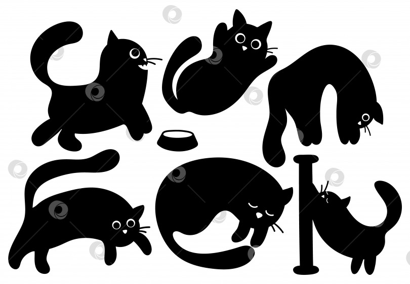 Скачать Коллекция векторных наклеек с милыми черными силуэтами кошек фотосток Ozero
