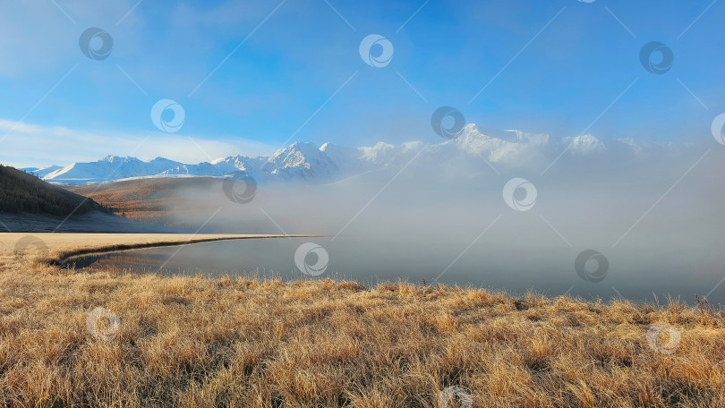 Скачать Панорамное открытое осеннее горное поле в солнечном тумане выглядит пустым, мрачным, удручающим, безлюдным, суровым, драматичным, ярким, серым, тусклым. фотосток Ozero