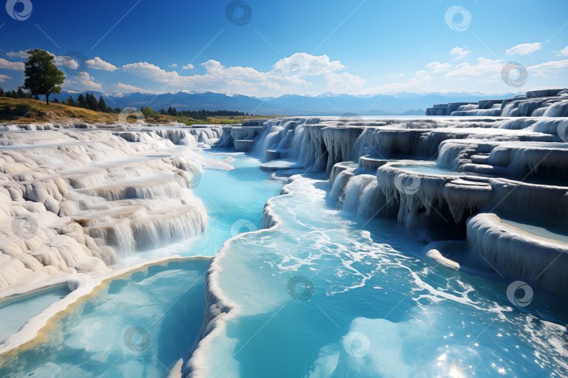 Скачать пейзаж с бассейнами из травертина и террасами с голубой водой фотосток Ozero