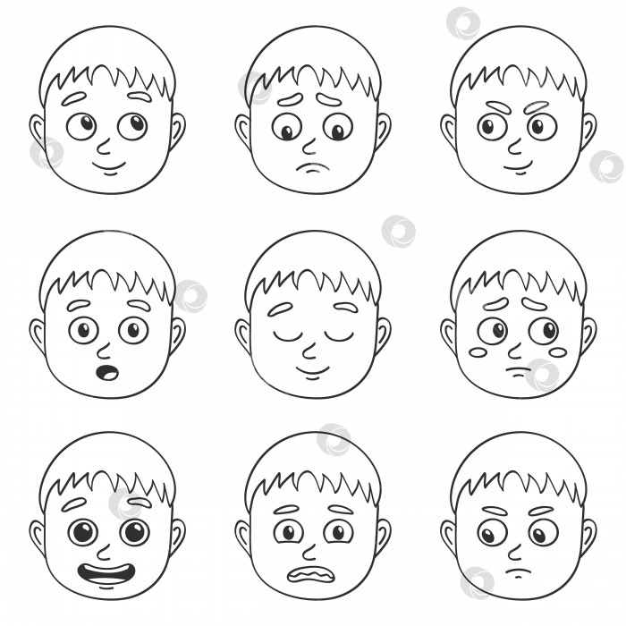 Скачать Коллекция векторных голов с аватарами различных эмоций. Добрый по характеру белокурый мальчик с разным настроением. фотосток Ozero