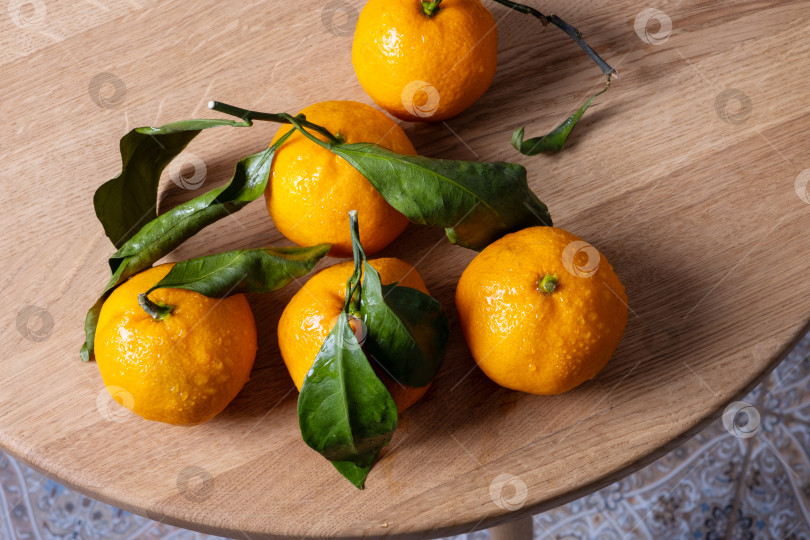 Скачать Несколько свежих спелых мандаринов с листьями лежат на столе с деревянной спинкой. Избирательный подход. фотосток Ozero