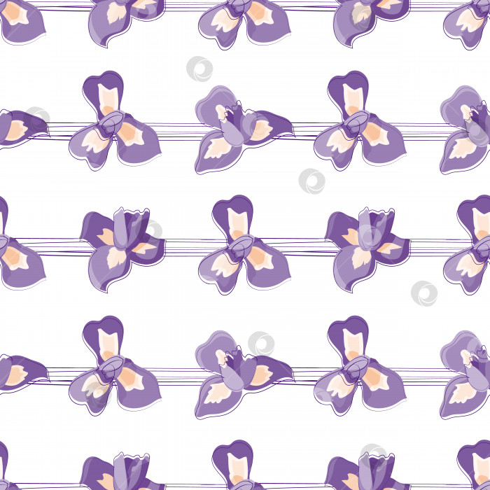 Скачать Бесшовный векторный узор с фиолетовыми ирисами и полосками. Красивый узор для вашего дизайна, поздравительных открыток, свадебных объявлений, бумаги фотосток Ozero
