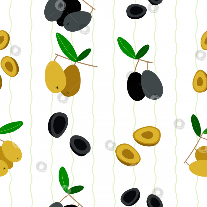 Скачать Бесшовный векторный узор с черными и зелеными оливками и полосками. Оливки на веточках и в разрезе. фотосток Ozero
