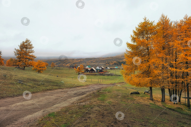 Скачать Осенняя грунтовая дорога с холма в отдаленную деревню. фотосток Ozero