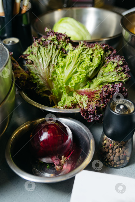 Скачать Разнообразные свежие листья салата и красный лук на кухне фотосток Ozero