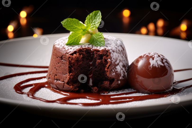 Скачать Шоколадно-помадный торт с шариком мороженого, политого шоколадом и украшенного листиком мяты фотосток Ozero