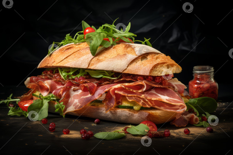 Скачать сэндвич с пармской ветчиной, сыром и рукколой на свежем хрустящем хлебе фотосток Ozero