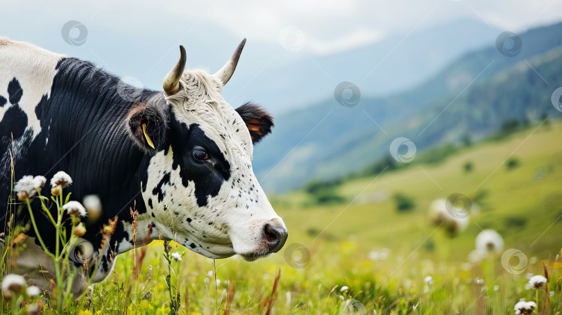 Скачать Крупный план коровы на пастбище в горной местности на фоне красивой природы. Сгенерирован ИИ. фотосток Ozero