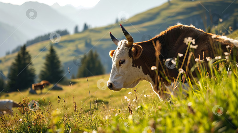 Скачать Крупный план коровы на пастбище в горной местности на фоне красивой природы. Сгенерирован ИИ. фотосток Ozero