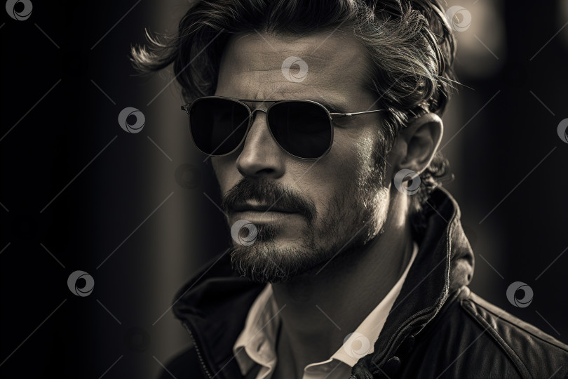 Скачать Ретро монохромный портрет крутого стильного красивого мужчины с прической и в солнцезащитных очках, смотрящего в сторону и позирующего на улице фотосток Ozero