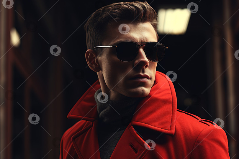 Скачать Стильный молодой человек в красном пальто и солнцезащитных очках смотрит в сторону, позирует парень-модель фотосток Ozero