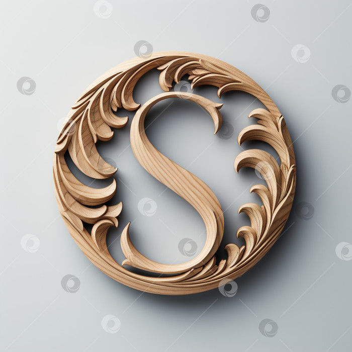 Скачать Элегантная деревянная буква S с узорами по кругу, естественный дизайн алфавита. Типографика, логотип на сером фоне фотосток Ozero
