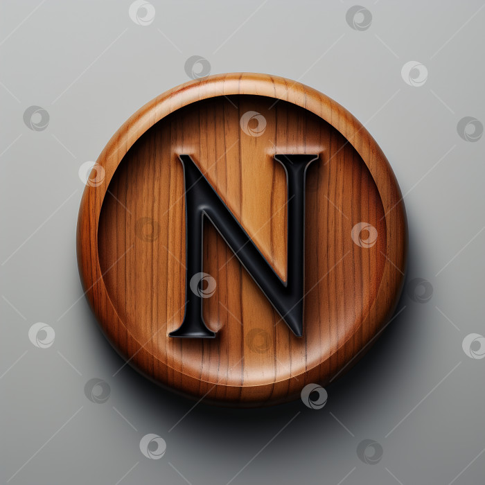 Скачать Буква N в деревянном круге, дизайн в стиле алфавитного минимализма. Типографика, логотип на сером фоне фотосток Ozero