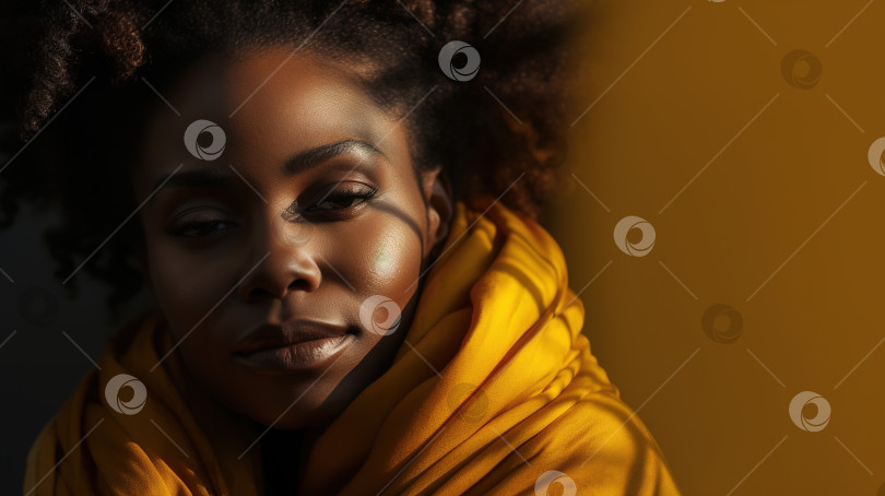 Скачать Женственность, женская гармония и спокойствие. Портрет спокойной афроамериканки, обнимающей себя и смотрящей в камеру. фотосток Ozero