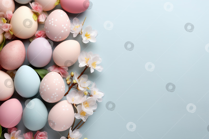 Скачать Пасхальные яйца и цветы на пастельно-голубом фоне с пространством для копирования, праздничная плоская выкладка фотосток Ozero