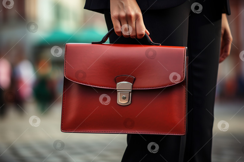 Скачать Вид сбоку на деловую женщину в костюме с кожаным красным чемоданом на улице, крупный план фотосток Ozero
