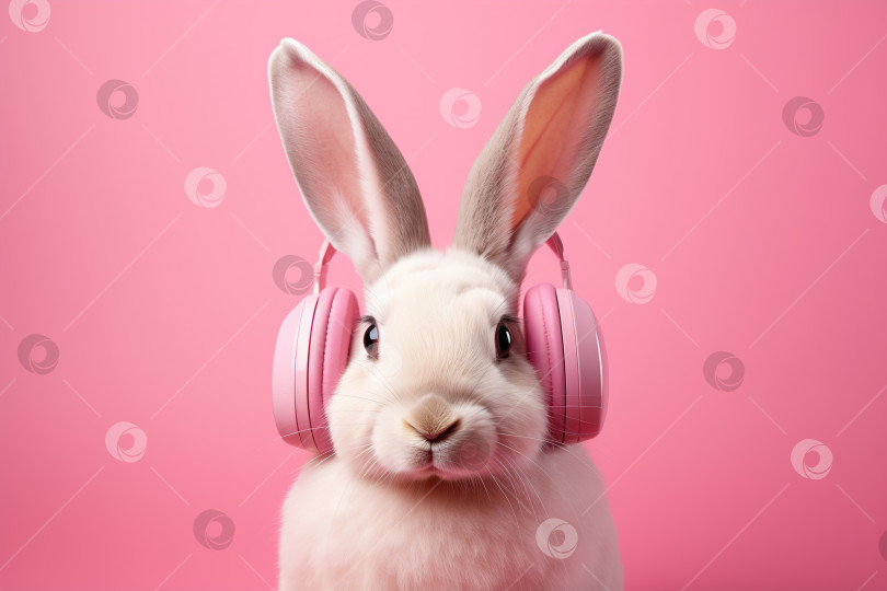 Скачать Забавный кролик в розовых наушниках, пушистый зверек заяц слушает музыку фотосток Ozero