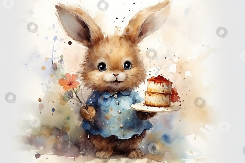 Скачать Праздничная акварельная текстурная иллюстрация, кролик с тортом и цветочными поздравлениями фотосток Ozero
