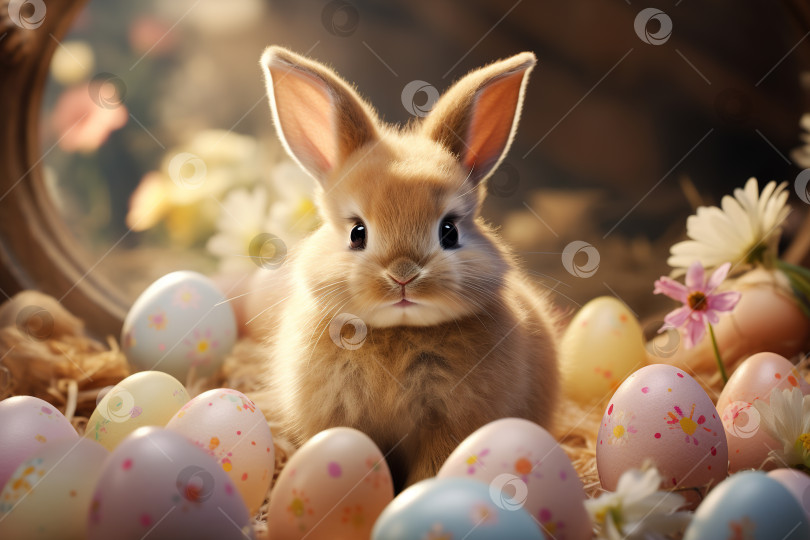 Скачать Пасха, милый пушистый кролик, сидящий с украшенными праздничными яйцами пастельных тонов в солнечный день фотосток Ozero