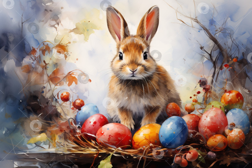 Скачать Акварельная иллюстрация пасхального кролика и украшенных красками праздничных яиц, весеннее время фотосток Ozero