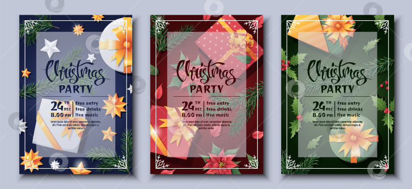 Скачать Набор шаблонов приглашений на праздничную рождественскую вечеринку. Флаер, плакат с подарочной коробкой, еловая ветка, звезды, остролист, пуансеттия. Счастливого Рождества и Нового года фотосток Ozero