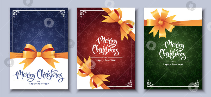 Скачать Дизайн шаблона набора рождественских открыток. Обложка для праздничного меню со снежинками и золотым бантом. Счастливого Рождества и Нового года фотосток Ozero