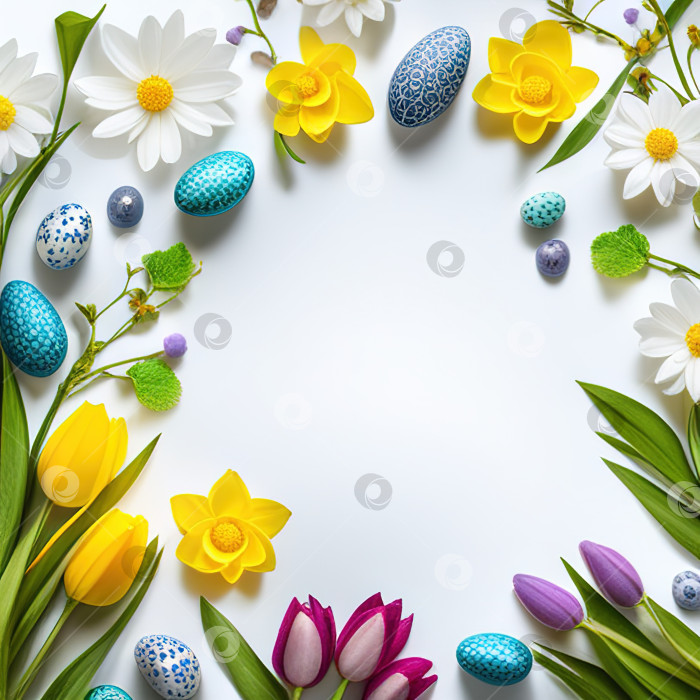 Скачать Счастливой Пасхи, красочные пасхальные яйца с весенними цветами лежат ровно фотосток Ozero