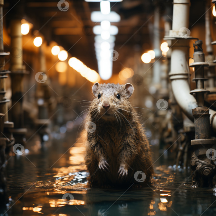 Скачать мокрая коричневая крыса среди трубопроводов в затопленном подвале фотосток Ozero
