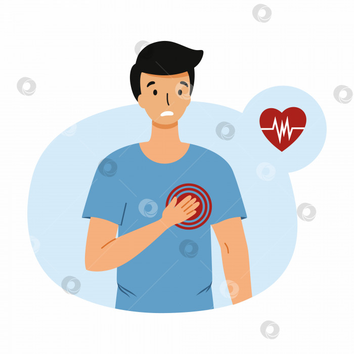 Скачать Мужчина держит руку в области сердца. Молодой человек с болью в сердце, сердечный приступ. Дискомфорт в груди. фотосток Ozero