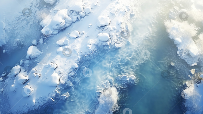 Скачать Фрагмент нового частного дома с видом на замерзший лед на реке зимой, сгенерированный искусственным интеллектом фотосток Ozero
