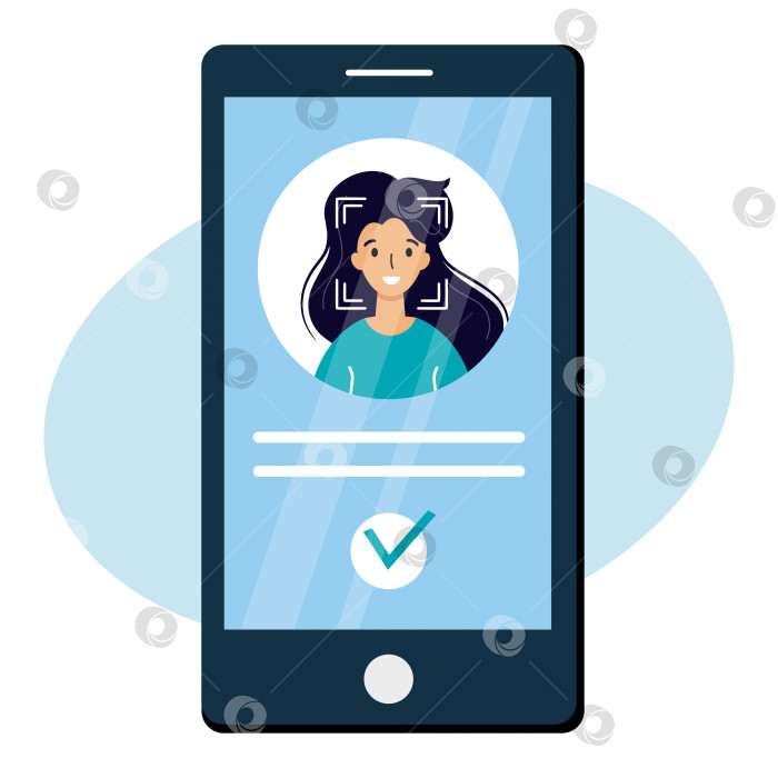 Скачать Система распознавания лиц в смартфоне. Аватар женщины в телефоне. Цифровая безопасность и защита данных. фотосток Ozero