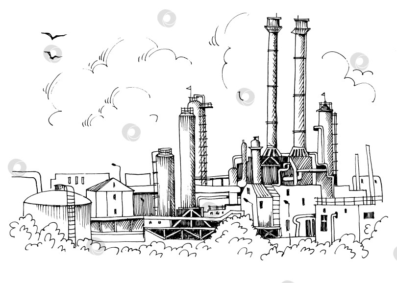 Скачать Химический завод, производство полимеров, нарисованный от руки эскиз фотосток Ozero