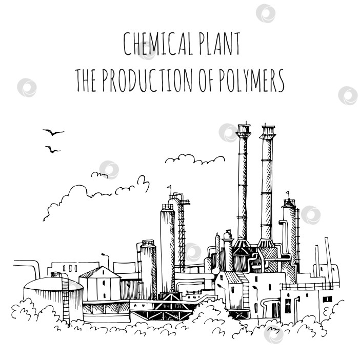 Скачать Химический завод, производство полимеров, нарисованный от руки векторный эскиз фотосток Ozero