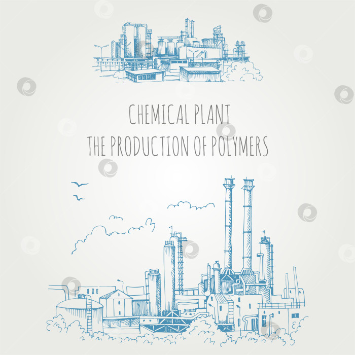 Скачать Химический завод, производство полимеров, нарисованный от руки векторный эскиз фотосток Ozero