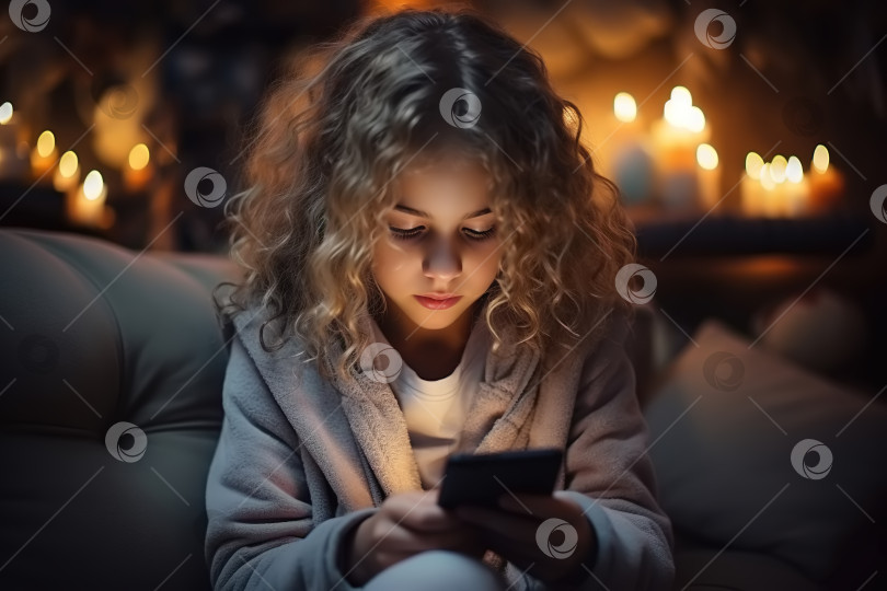 Скачать Одинокий ребенок кавказской национальности, пользующийся планшетом, грустная кудрявая девочка, сидящая вечером дома с гаджетом в Руках. Поколение Альфа или цифровые аборигены фотосток Ozero
