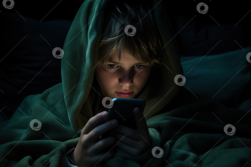 Скачать Одинокий мальчик ночью пользуется смартфоном под одеялом, ребенок смотрит на экран гаджета на кровати в спальне фотосток Ozero